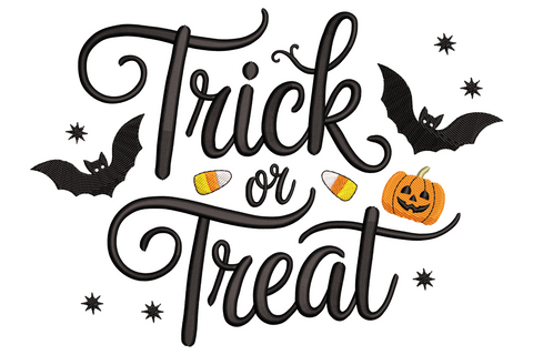 Playful halloween embroidery with chunky orange and black hand-lettered Trick or Treat across centre, scattered bat, candy corn, spider web, and ghost icons around the words.