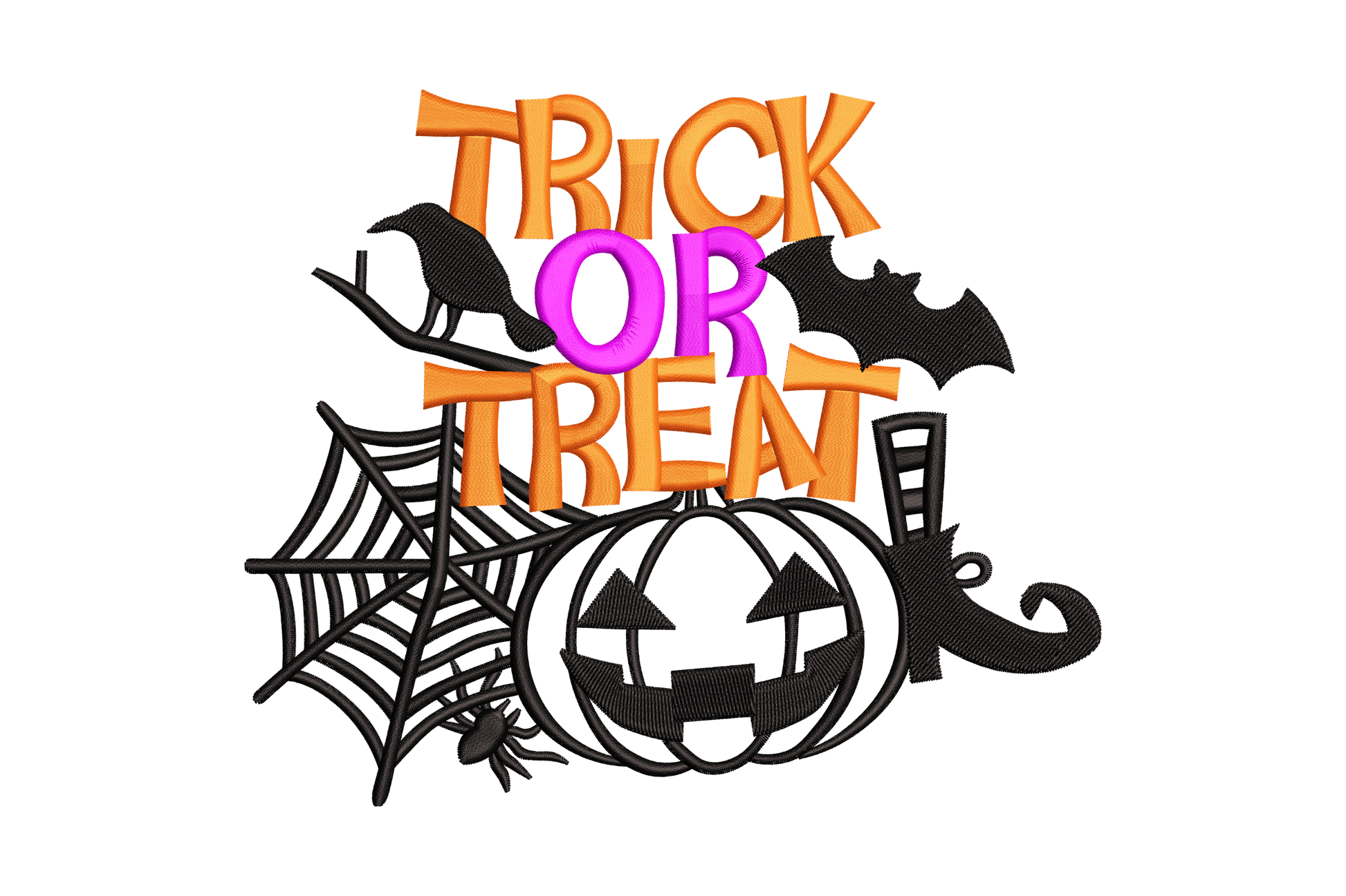Trick or treat halloween embroidery, chunky orange and magenta letters, pumpkin outline, spider web, bat and raven, 5 sizes.