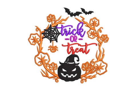 Halloween trick or treat wreath embroidery design with orange botanical leaves, black pumpkin with witch hat, bats, spider web and coloured trick or treat lettering