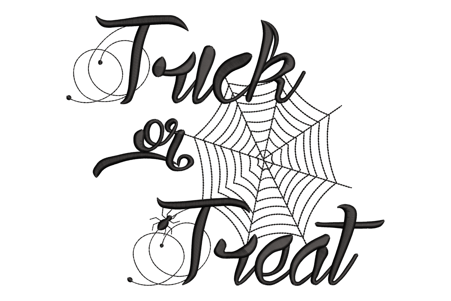 Trick or Treat mixed script and serif halloween embroidery with spider web and dangling spiders, 6 sizes from 2.1 to 6.4 inches wide, single colour