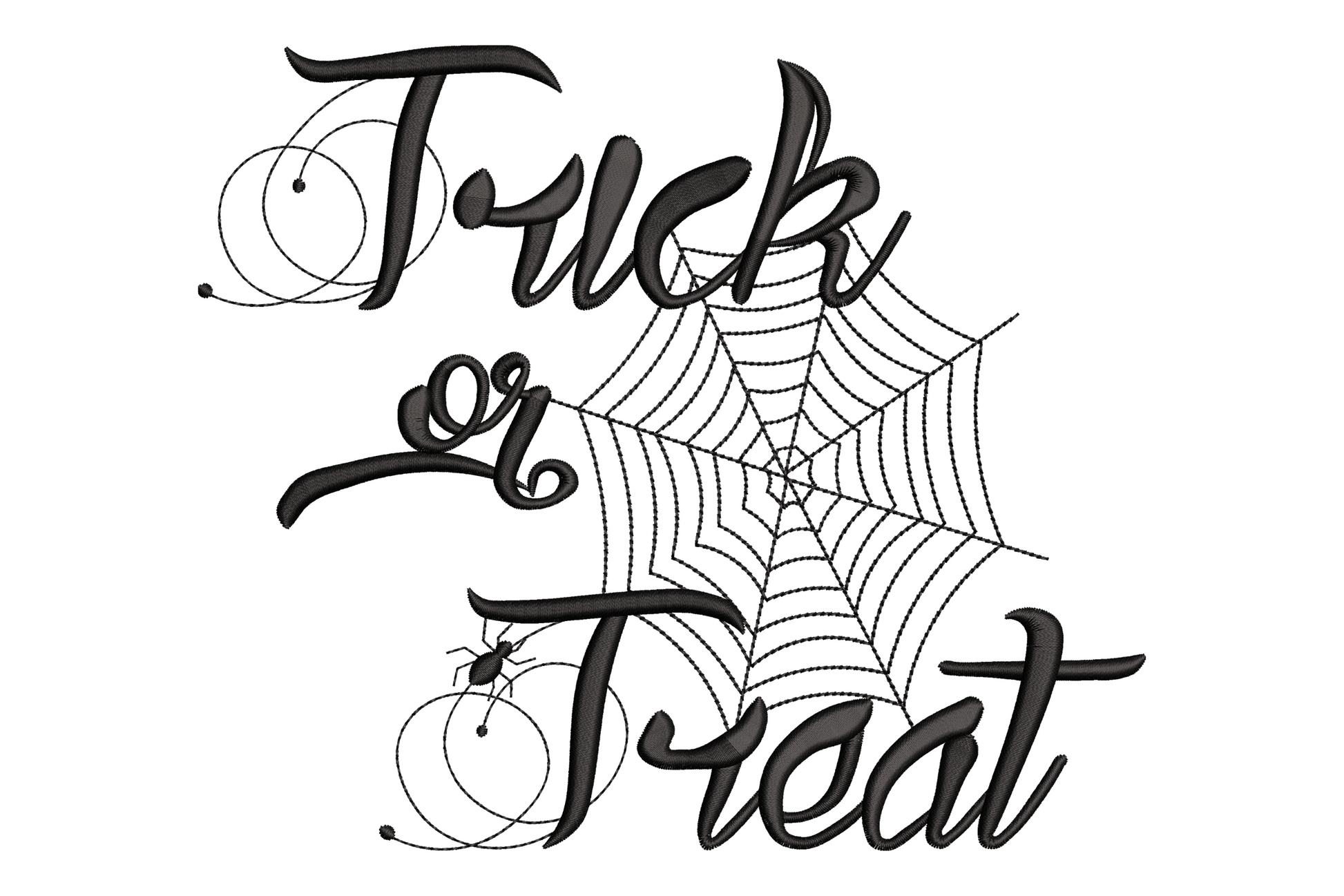 Trick or Treat mixed script and serif halloween embroidery with spider web and dangling spiders, 6 sizes from 2.1 to 6.4 inches wide, single colour