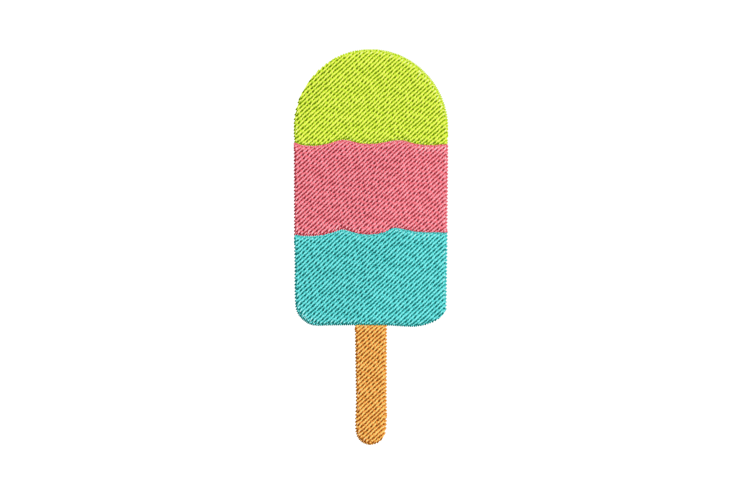 Triple colour popsicle embroidery design with lime green pink and aqua bands on an orange wooden stick.