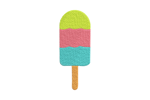 Triple colour popsicle embroidery design with lime green pink and aqua bands on an orange wooden stick.