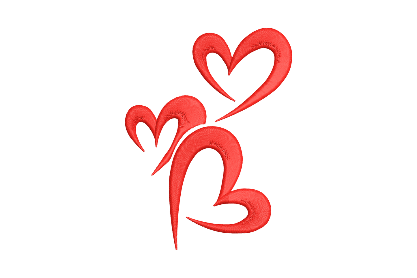 Triple heart outline embroidery design in red thread, three sketchy stacked open hearts in a diagonal line.