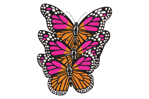 Triple monarch butterfly embroidery stacked vertically in hot pink, orange and ink black with chunky white dot edges.