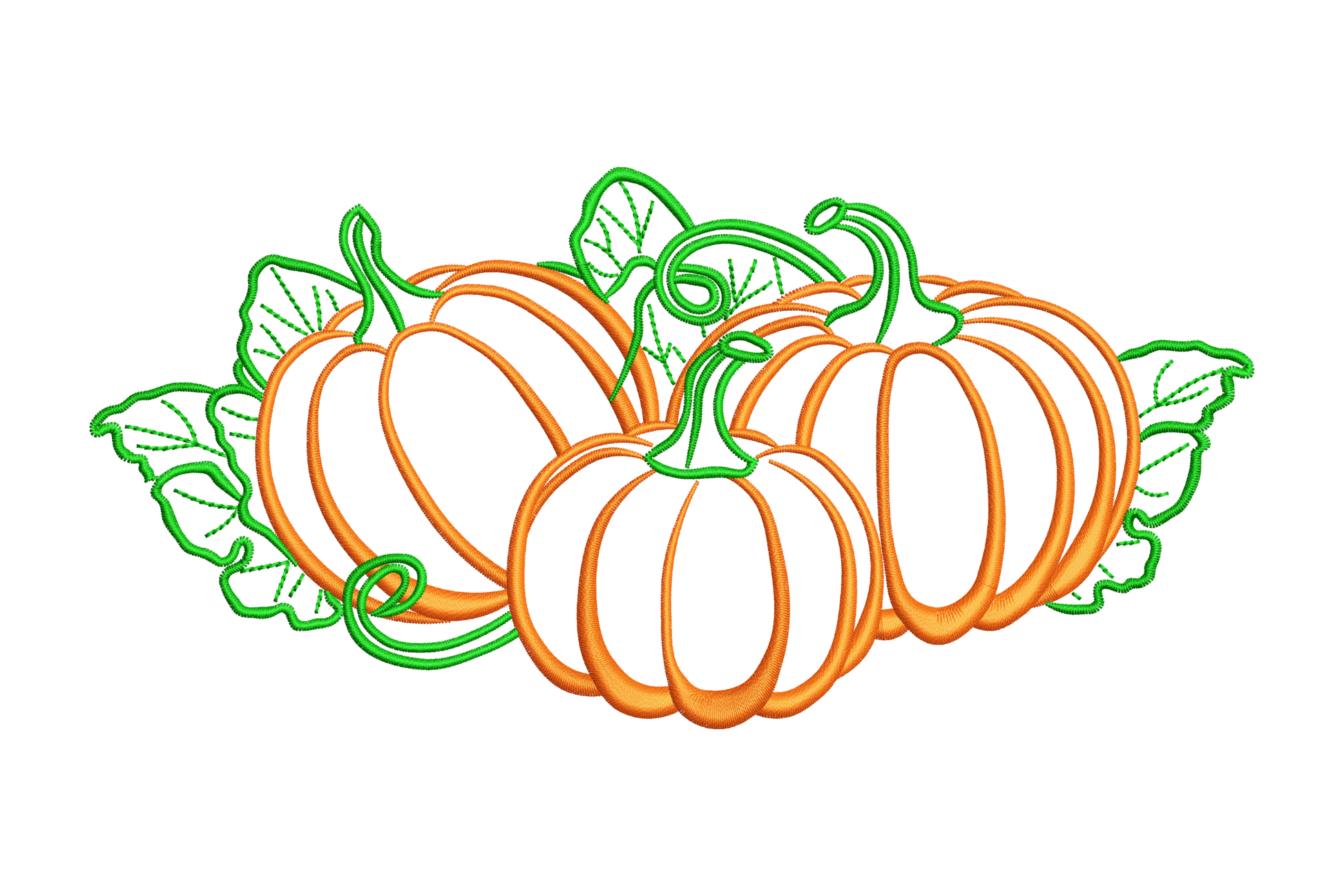 Triple pumpkins outline embroidery design with three open-outline pumpkins in orange and dark green leaf clusters.