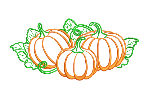 Triple pumpkins outline embroidery design with three open-outline pumpkins in orange and dark green leaf clusters.