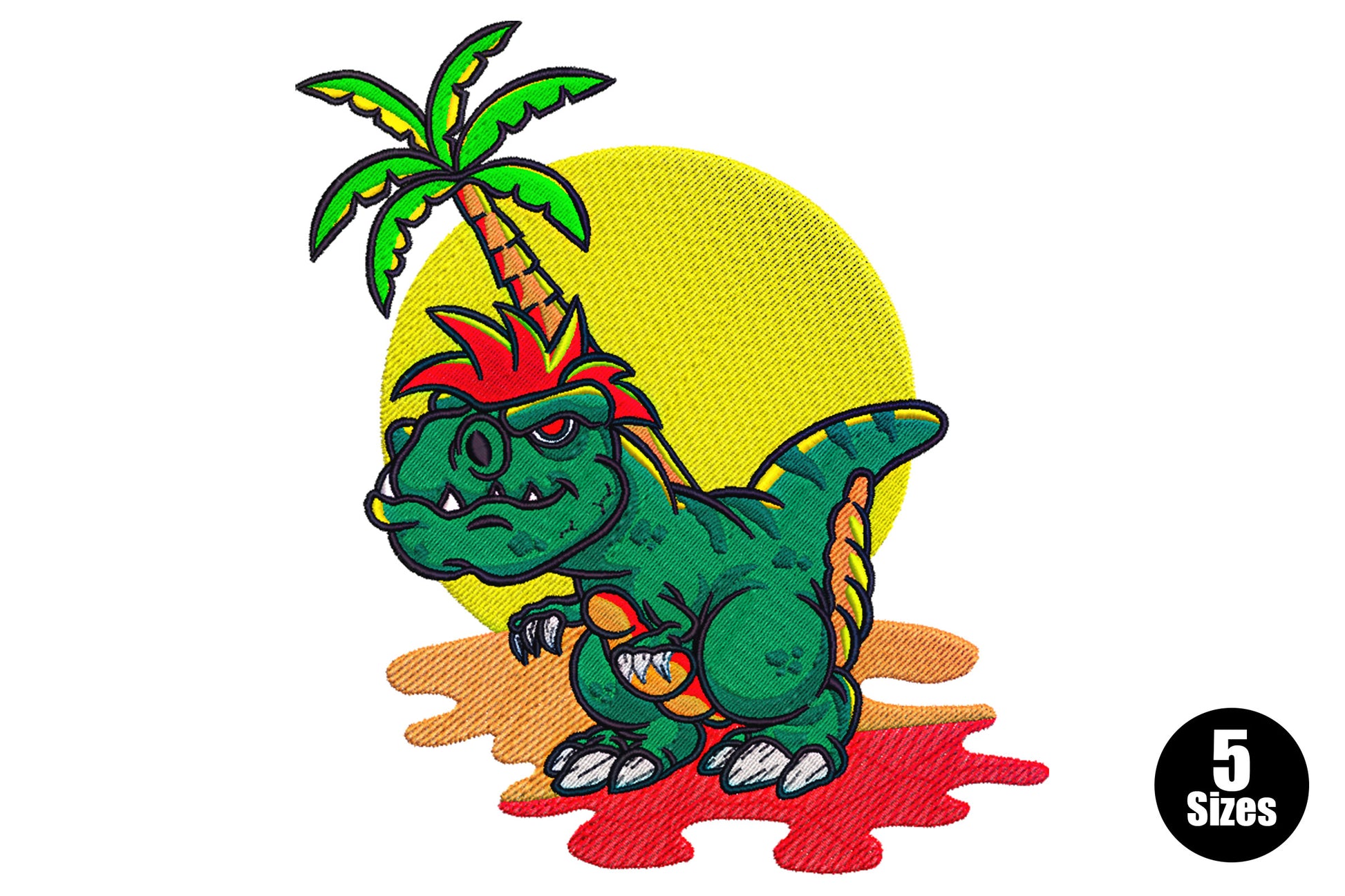 Tropical baby T-Rex embroidery design with unicorn horn, red spiky hair, palm tree and yellow sunset in bold cartoon style