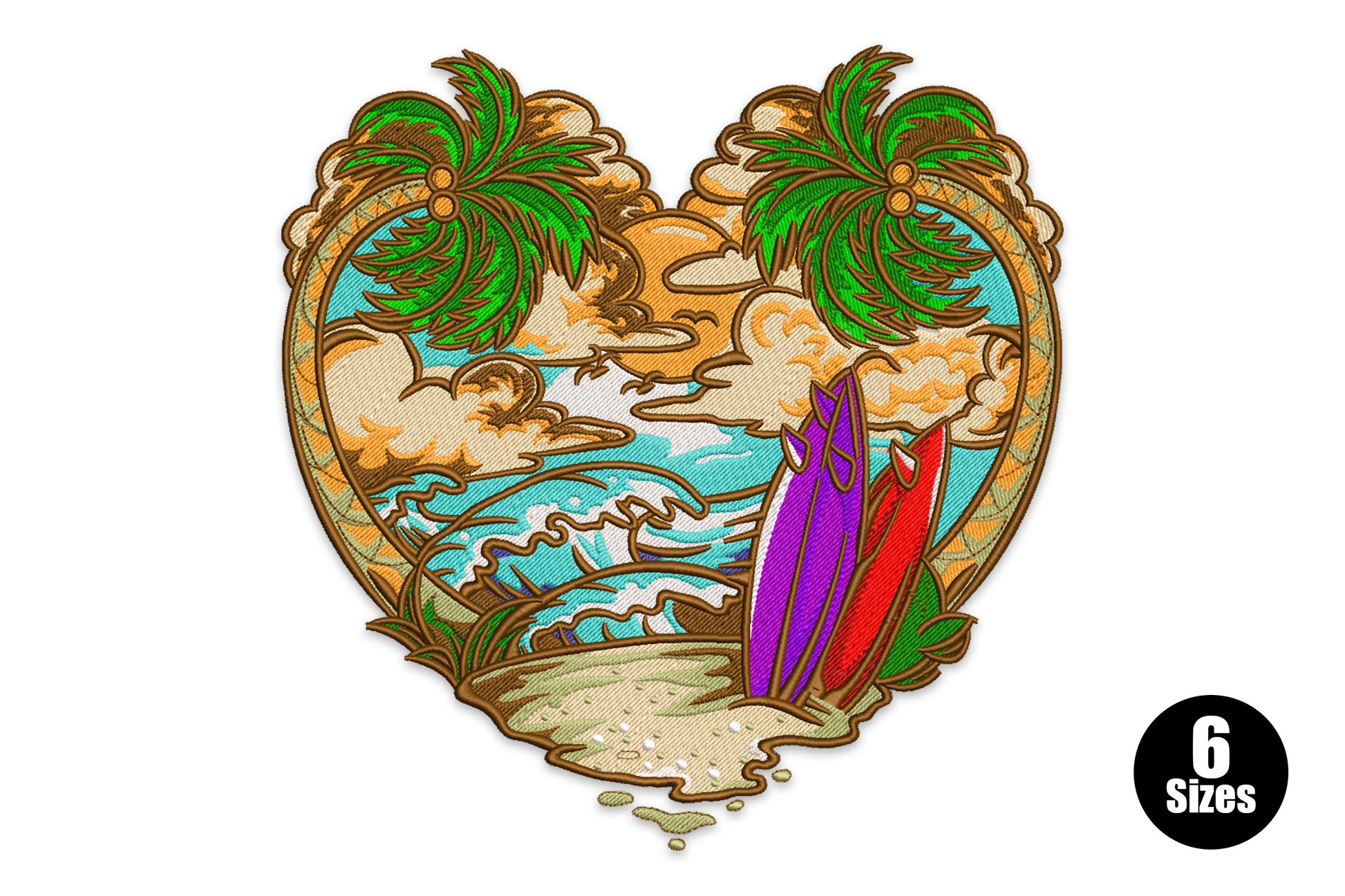 Tropical beach heart embroidery design with ornate brown heart frame containing coconut palms, turquoise ocean waves, sandy beach and two colourful surfboards.