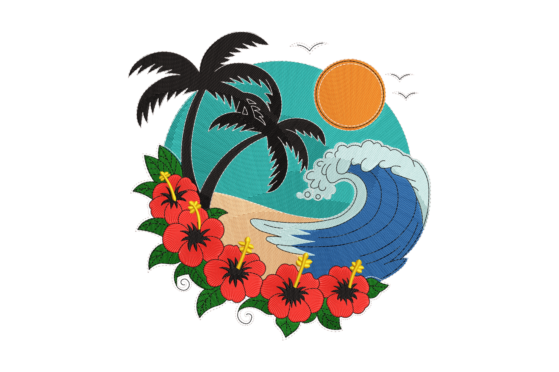 Tropical design with palm trees, flowers, and a wave on a white background