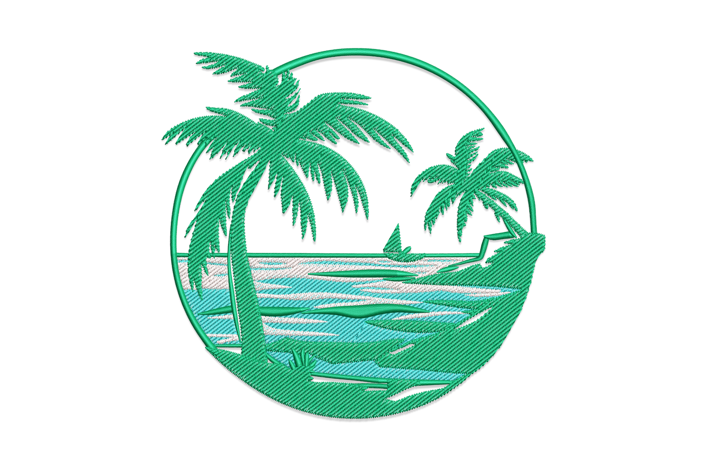 Tropical beach scene embroidery with palm tree, ocean blue waves and sandy beach in three colours on white background