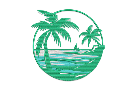 Tropical beach scene embroidery with palm tree, ocean blue waves and sandy beach in three colours on white background