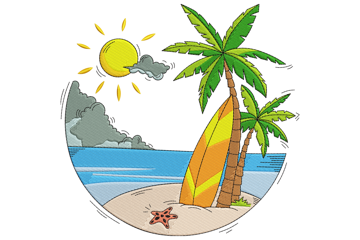 Tropical beach palm trees machine embroidery design with two leaning palms, gradient sunset sky, and layered ocean bands on white background.