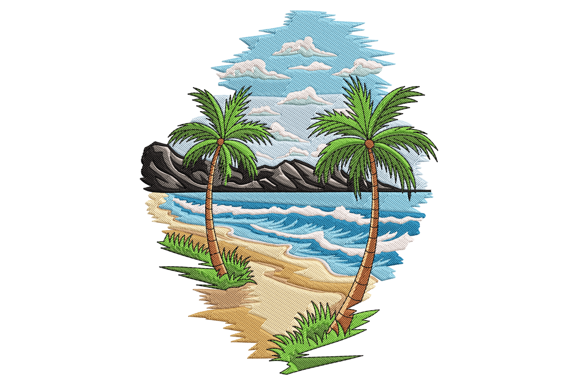 Tropical beach with palm trees embroidery design, two palms framing a sandy beach with ocean waves and cloud-streaked sky