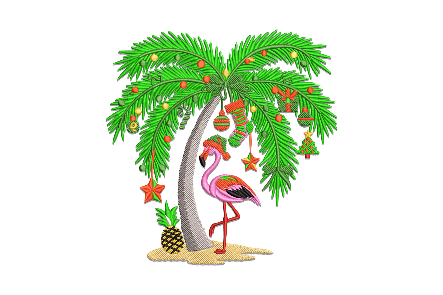 Tropical Christmas flamingo embroidery design with pink flamingo in Santa hat under decorated palm tree with ornament balls, gift boxes, star garlands and pineapple