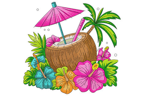 Coconut drink embroidery with pink umbrella, palm fronds and hibiscus flowers in hot pink, orange and turquoise.