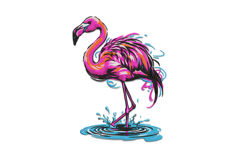 Tropical flamingo embroidery design, 7 colour detailed bird with directional feather stitching and tropical foliage backdrop