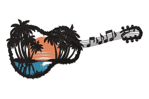 Tropical guitar sunset embroidery design with black palm silhouettes, coral sky and teal water fill inside guitar body shape.