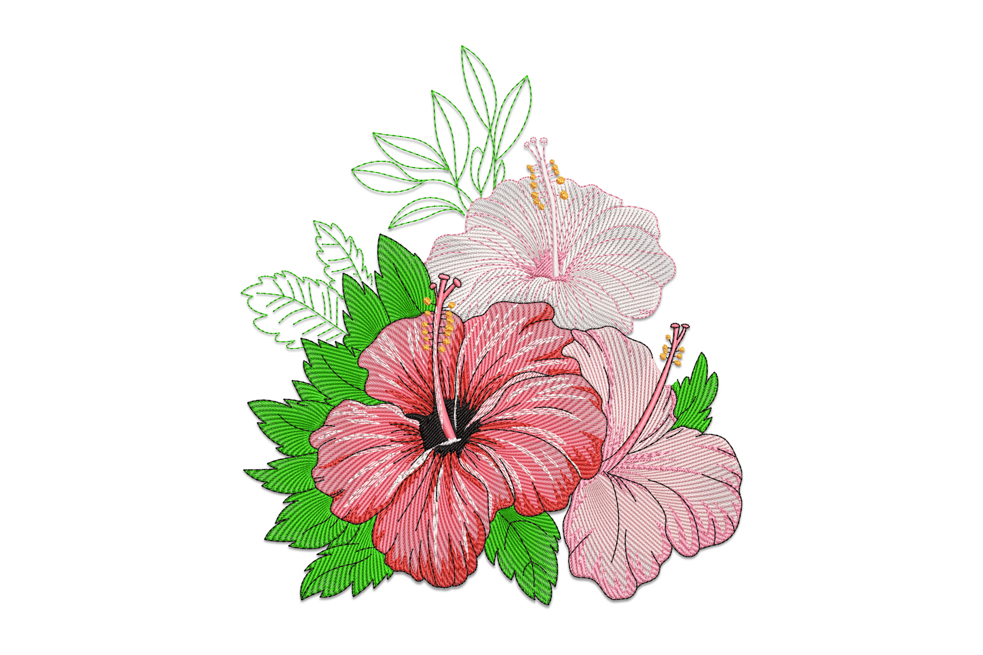 Tropical hibiscus flower machine embroidery design showing coral-pink five-petal bloom with magenta throat, gold stamens, and deep-green flanking leaves, botanical style.
