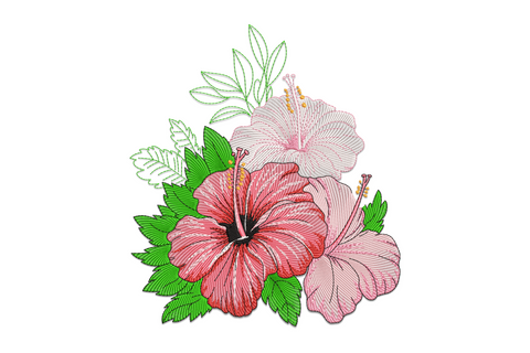 Tropical hibiscus flower machine embroidery design showing coral-pink five-petal bloom with magenta throat, gold stamens, and deep-green flanking leaves, botanical style.