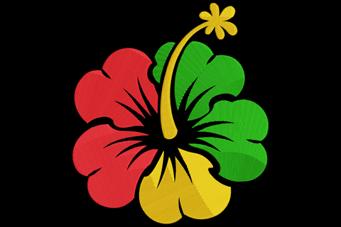 Tropical hibiscus flower embroidery design with coral red overlapping petals, bright yellow centre stamen, two curling dark green leaves, three colours, three-quarter view composition.