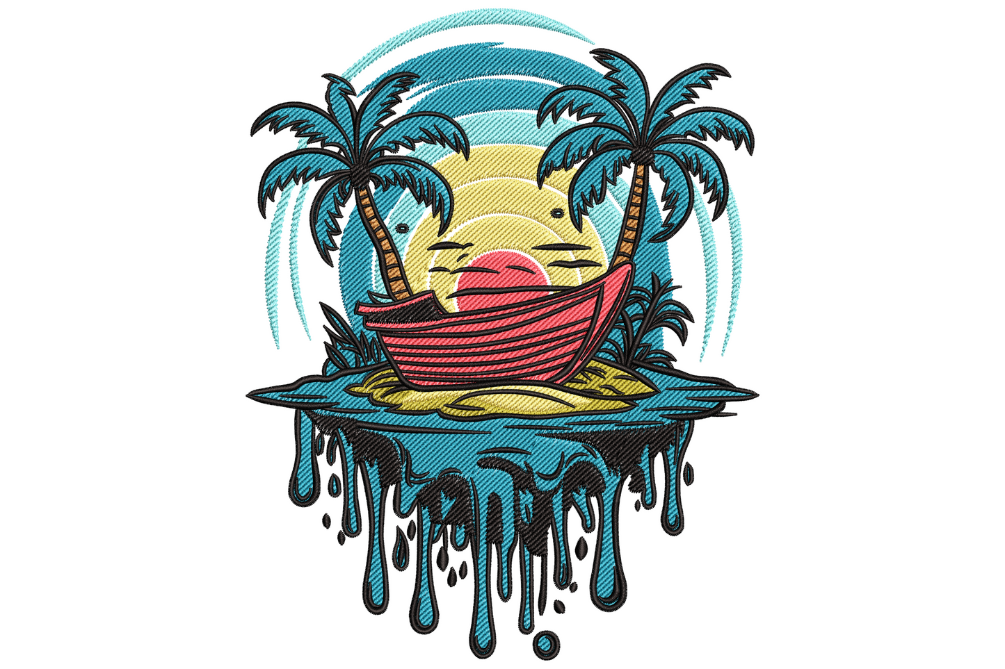 Tropical palm island embroidery design with sandy beige isle, two dark green palms and a small red and white sailing boat.