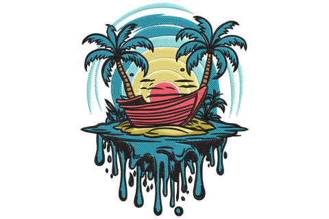 Tropical palm island embroidery design with sandy beige isle, two dark green palms and a small red and white sailing boat.