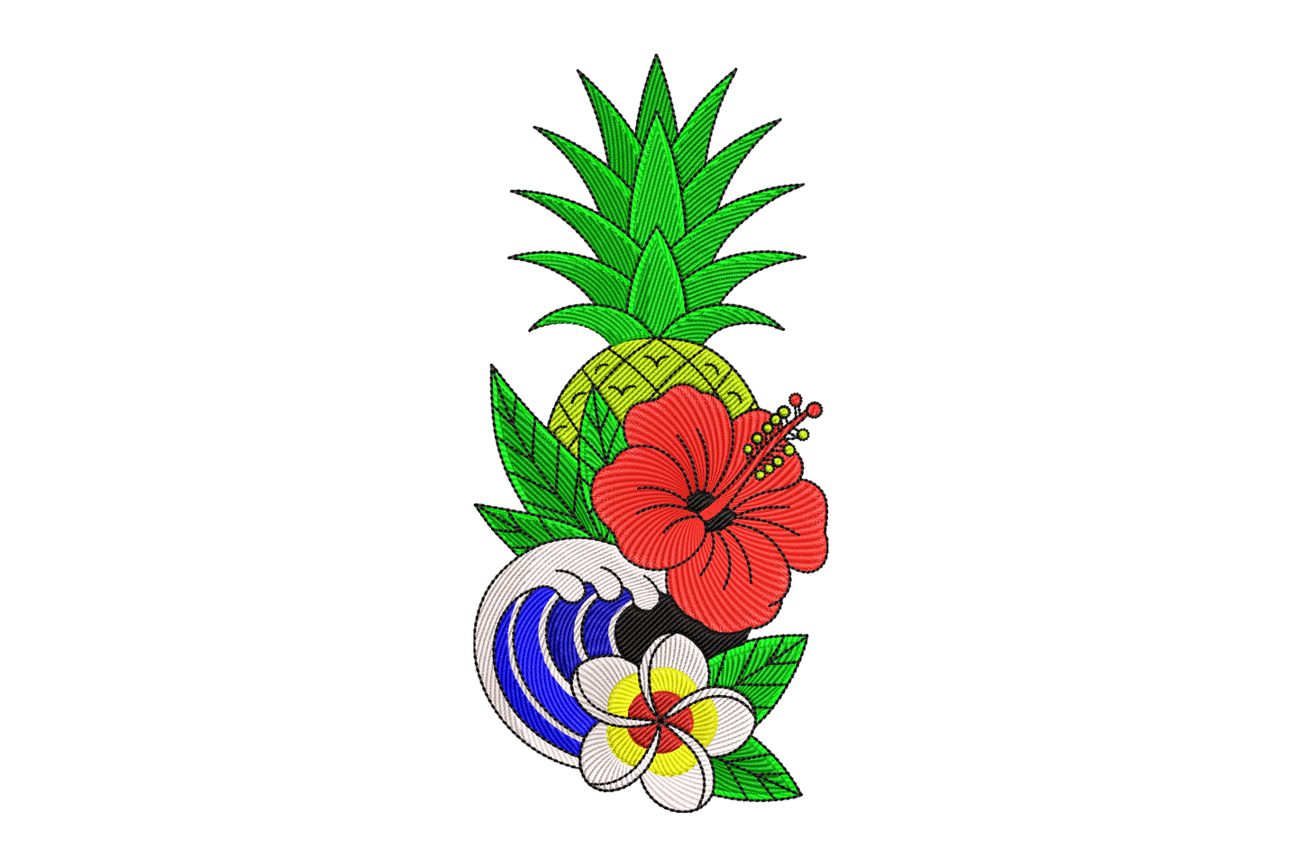 Decorative design with pineapple, flowers, and wave embroidery design