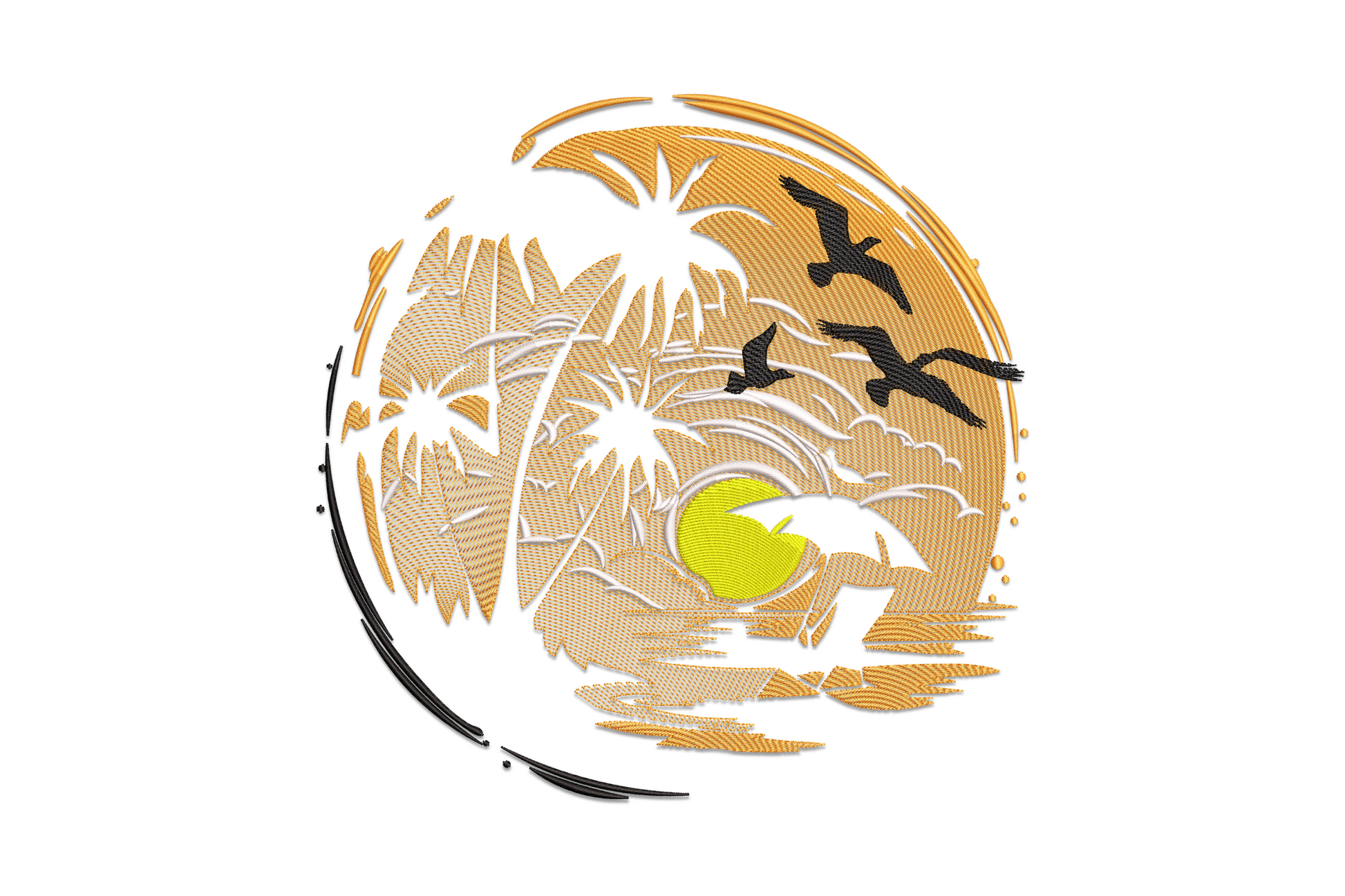 Tropical sunset beach machine embroidery design showing coral-orange sun low on the horizon, silhouetted palm trees, amber sky gradient, and mid-blue water in a four-colour graphic landscape style.