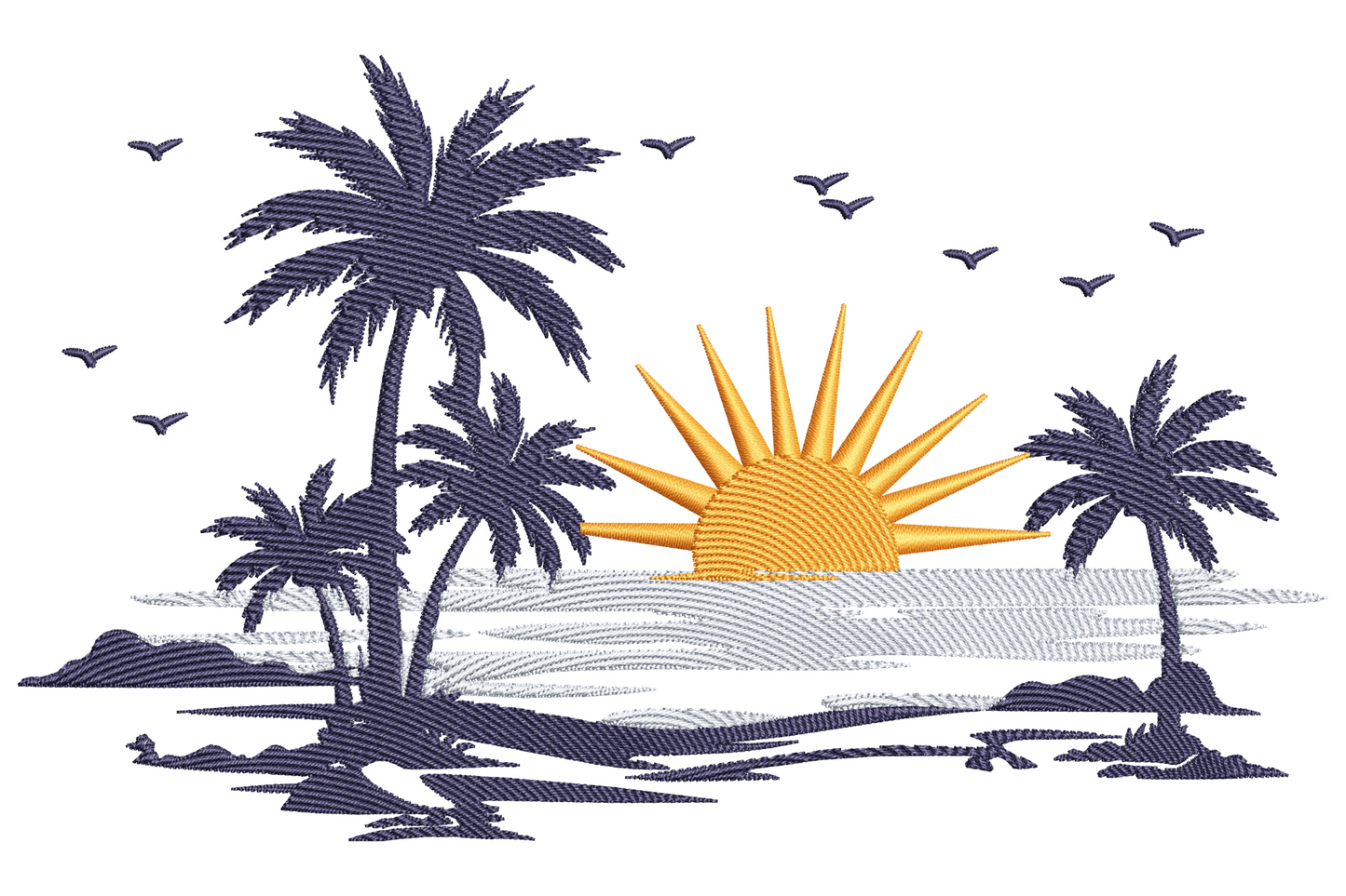 Tropical beach embroidery design with navy palm trees, orange sunset over water and seabirds in line-art travel poster style.