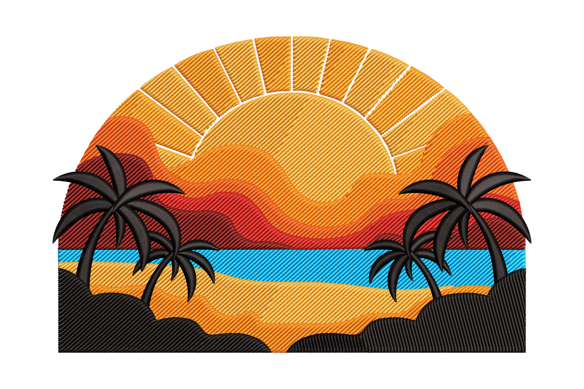 Sunny beach scene with palm trees and a colorful sunset embroidery design
