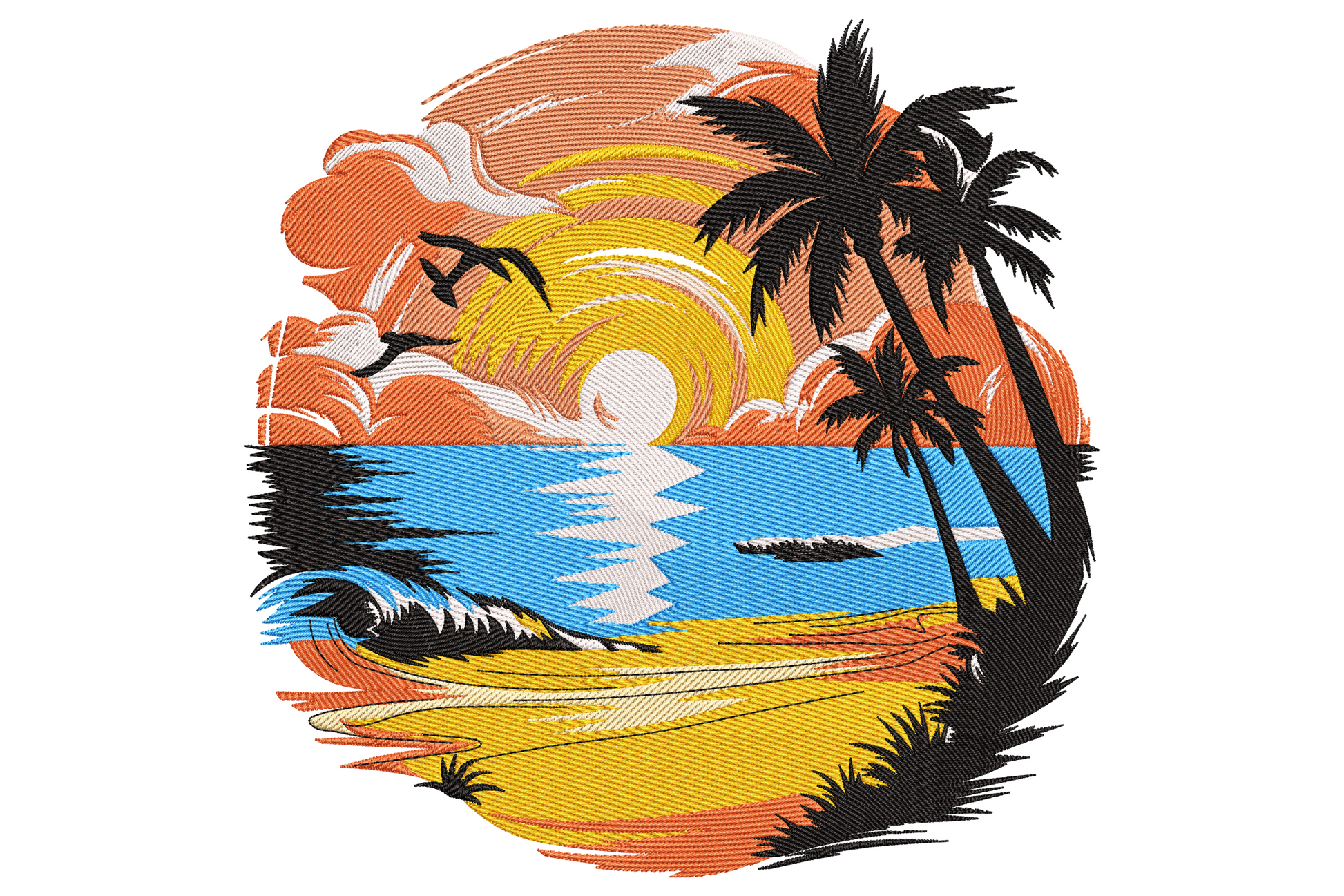 Tropical sunset embroidery with palm silhouettes, gold and coral sun, indigo sky and rolling sage waves over cream sand.