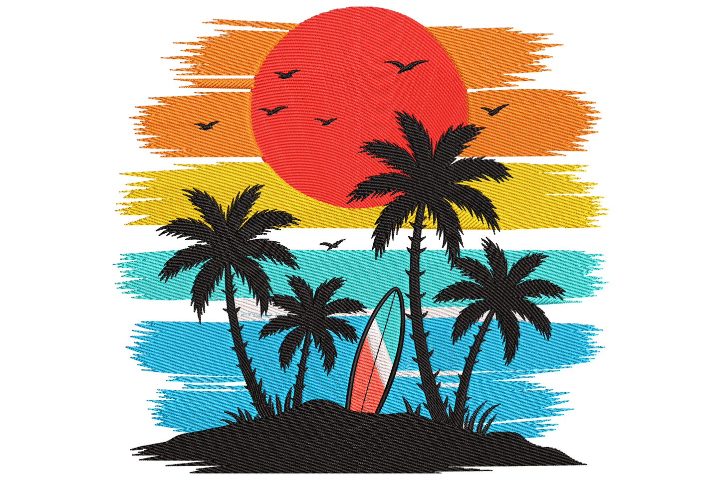 Tropical sunset beach scene with three palm trees red sun aqua water and surfboard upright in sand
