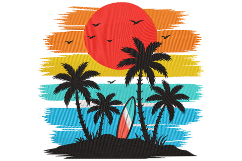 Tropical sunset beach scene with three palm trees red sun aqua water and surfboard upright in sand