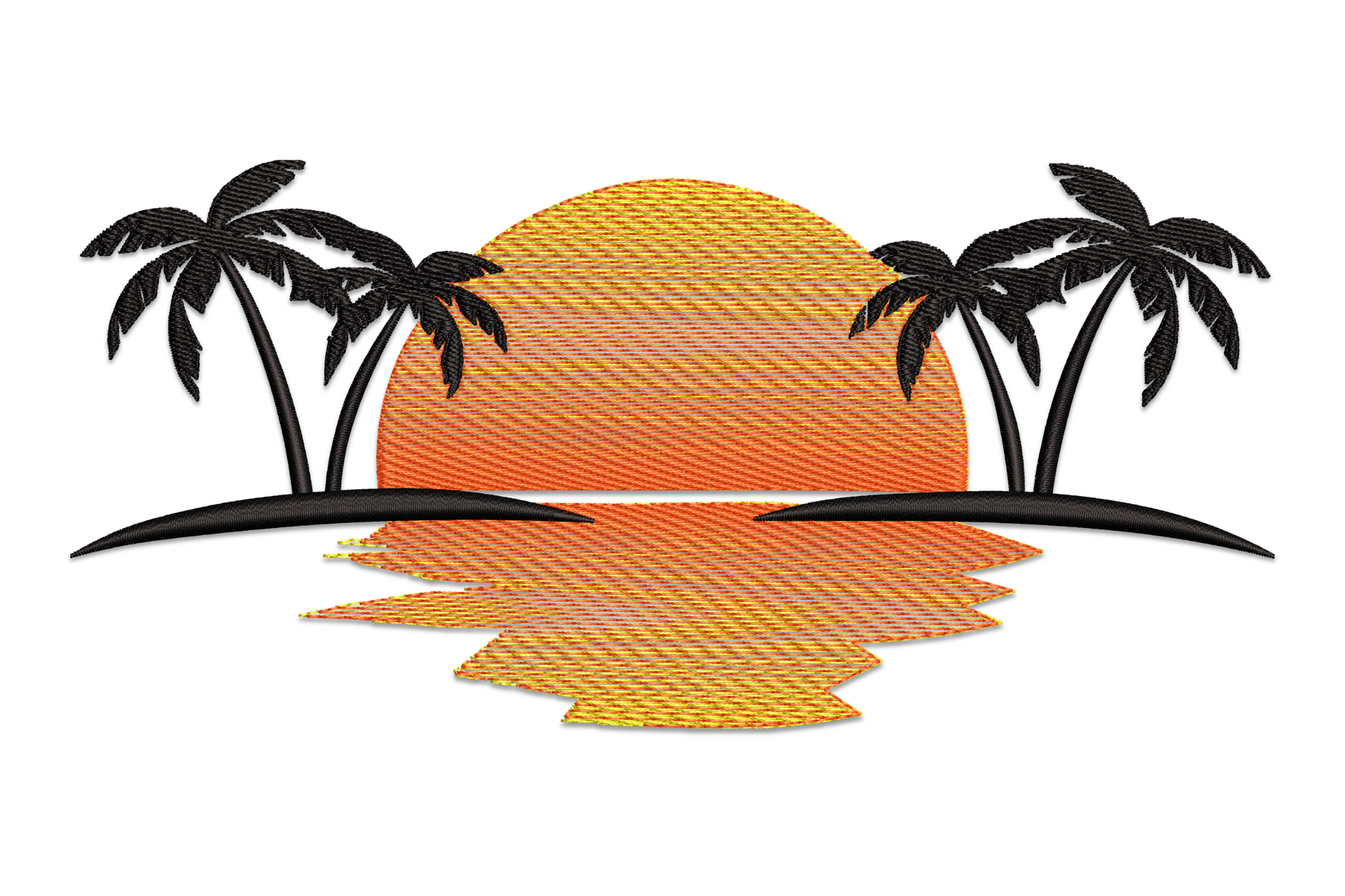 Tropical sunset embroidery with yellow sun, orange water reflection, and two black palm tree silhouettes leaning in over the horizon