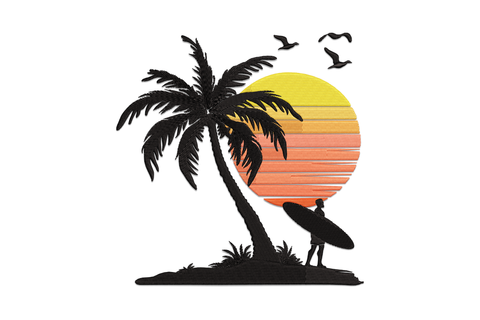 Tropical sunset surfer embroidery design with palm tree silhouette, 10-colour gradient sun and surfer figure with surfboard.