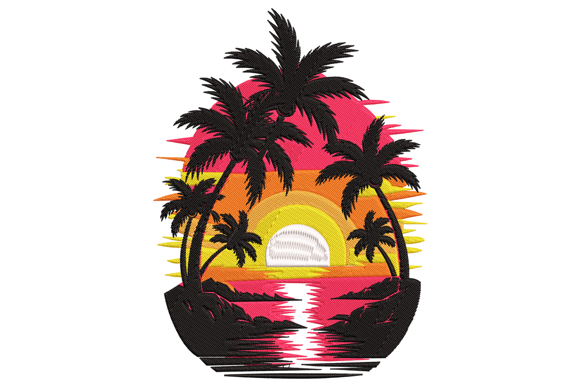 Round silhouette tropical sunset with black palm trees half-circle sun and magenta orange yellow rays