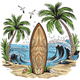 Tropical Surfboard Beach Scene Embroidery Design, Instant Download