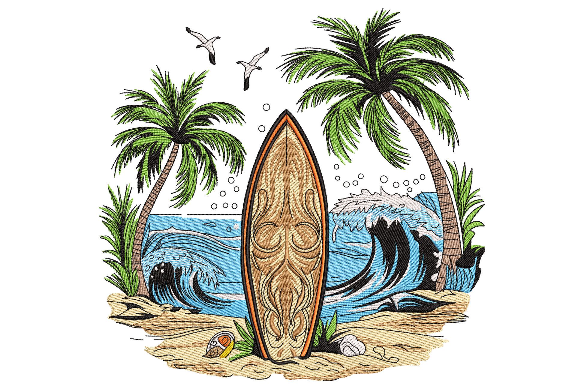Tropical beach embroidery with mustard yellow surfboard, white stripes, palm trees, teal waves and coral sunset sky.