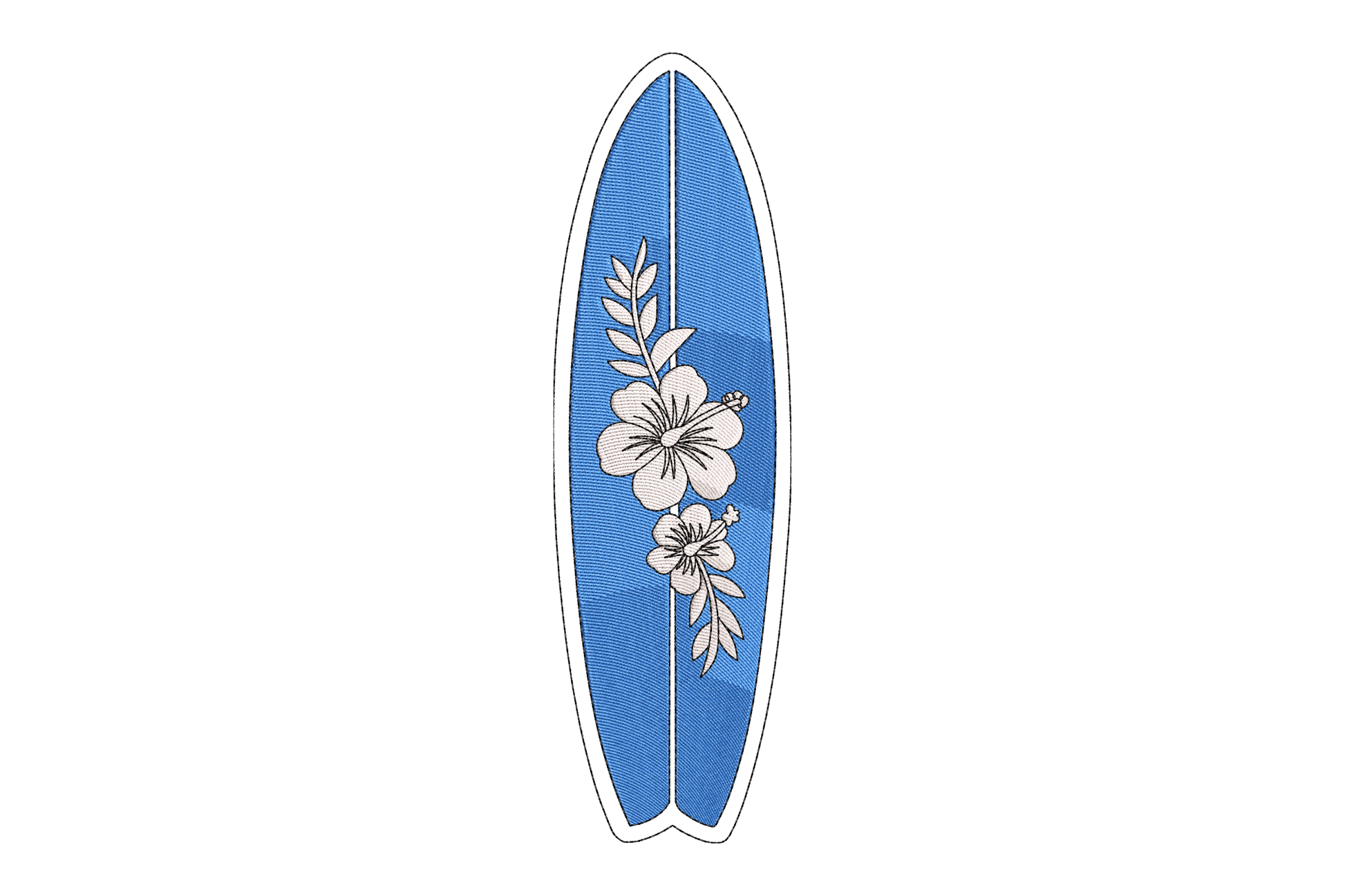 Blue surfboard with white floral design on a white background