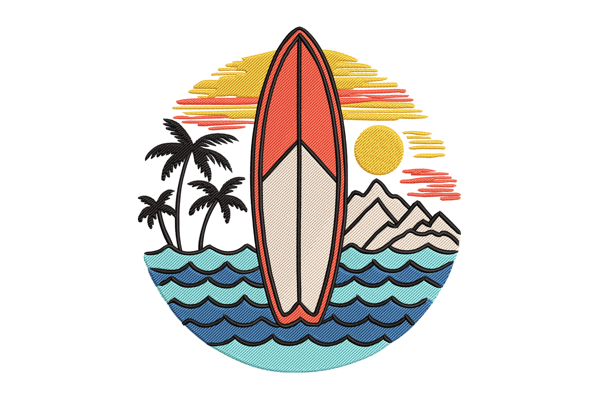 Surfboard design with palm trees, mountains, and sun embroidery design