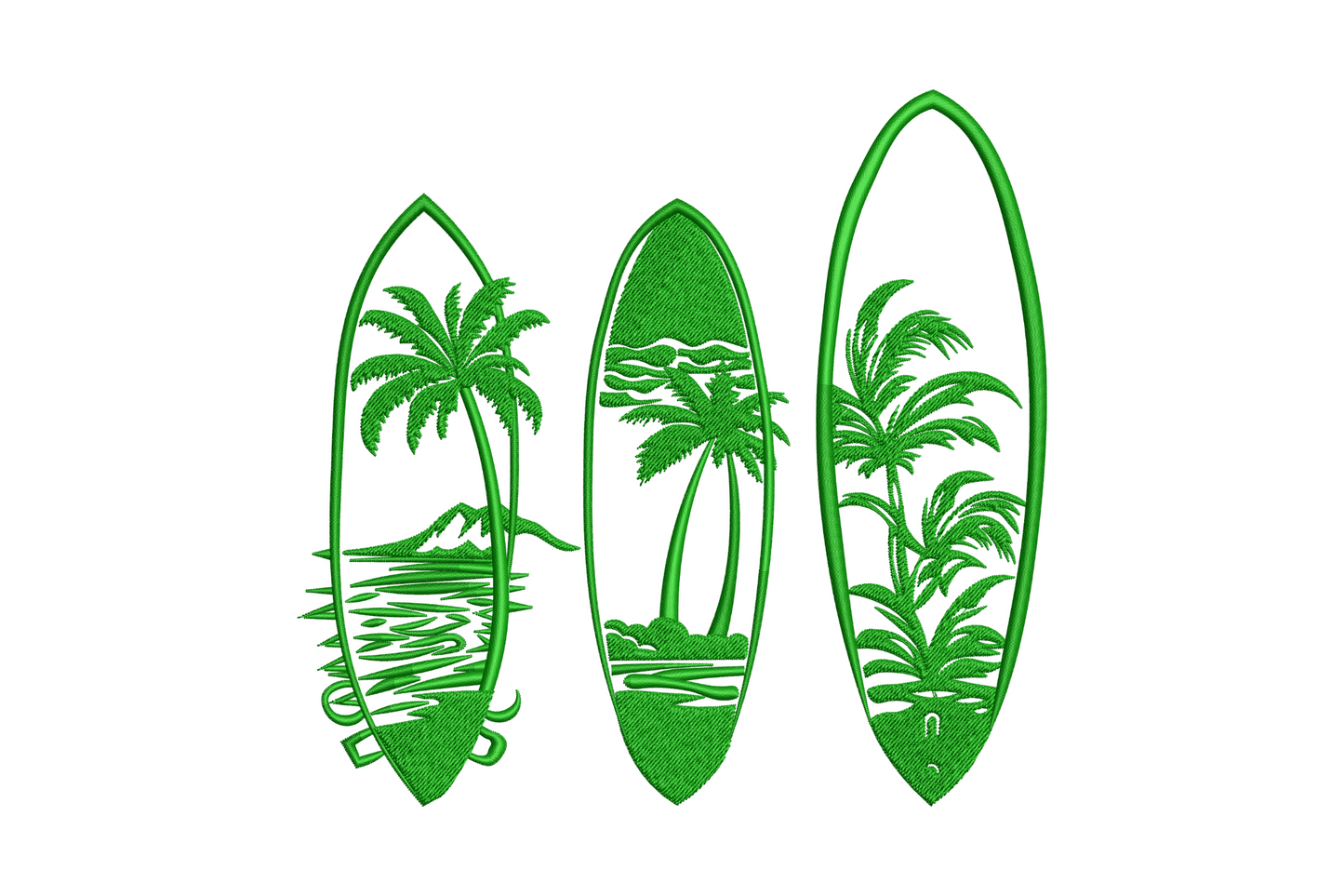 Tropical surfboard trio embroidery, 3 boards with palm tree and ocean scenes, single green thread, 5 sizes