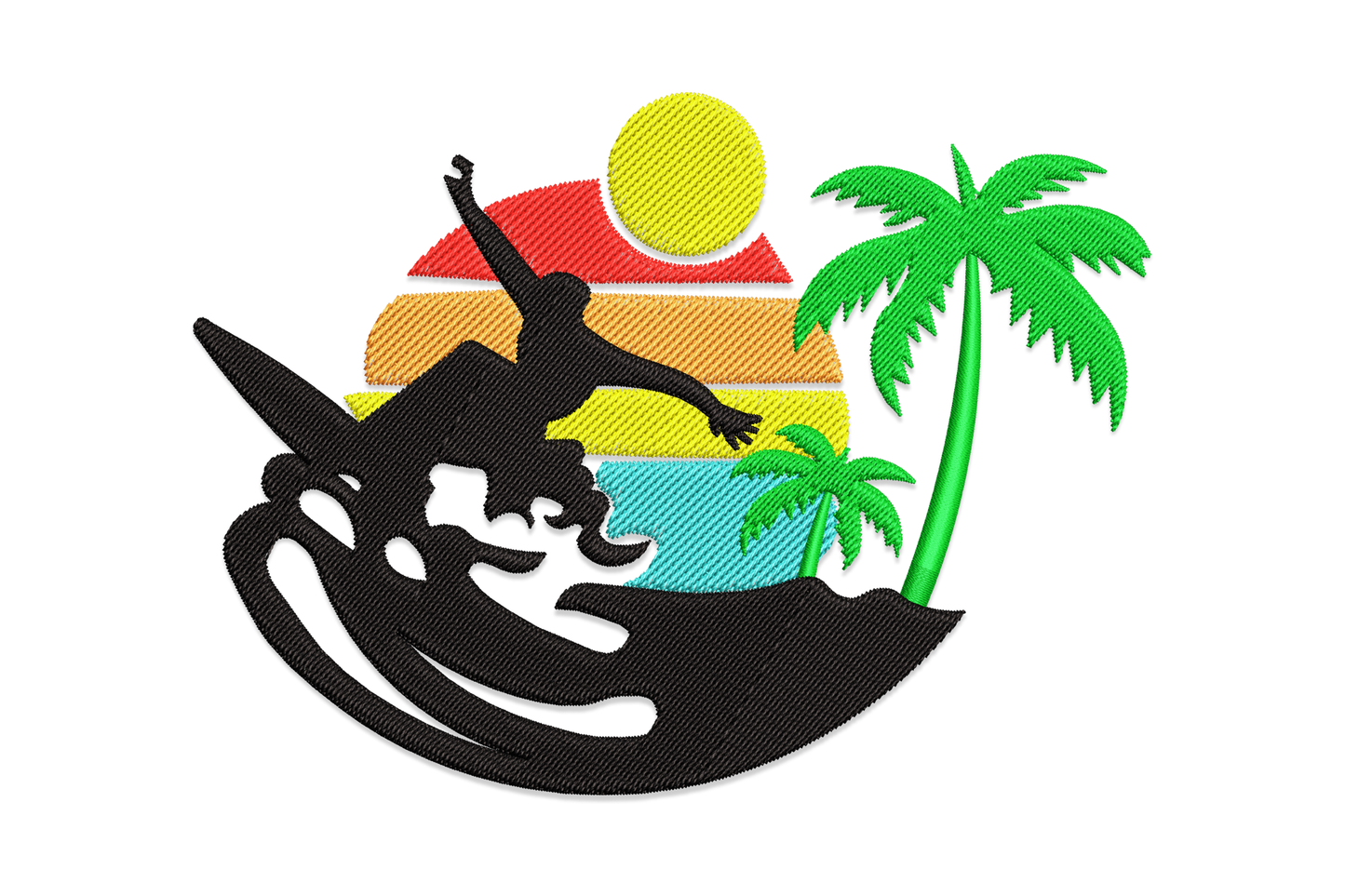 Embroidery design of a surfer silhouette riding a curling aqua wave with a tall dark palm tree, stitched in navy, aqua, seafoam, sandy yellow, and olive thread