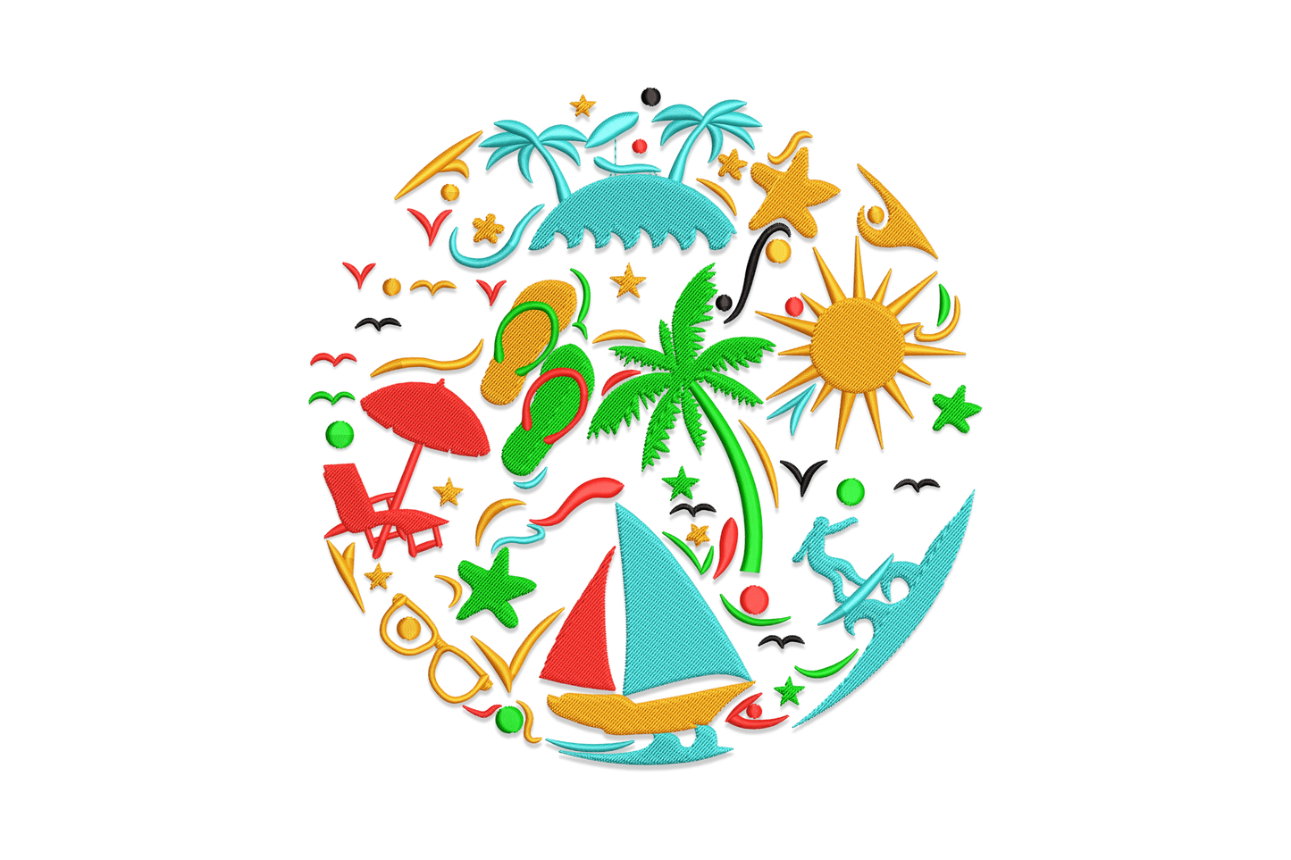 Embroidery design showing a cluster of tropical vacation icons including a palm tree, cocktail, sun, flip flops, and beach umbrella in turquoise, coral, yellow, and green thread