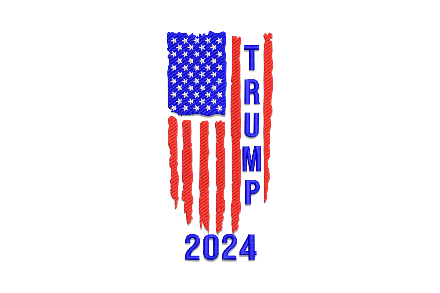 Trump 2024 distressed flag vertical embroidery design, portrait American flag with TRUMP lettered down the side in blue satin