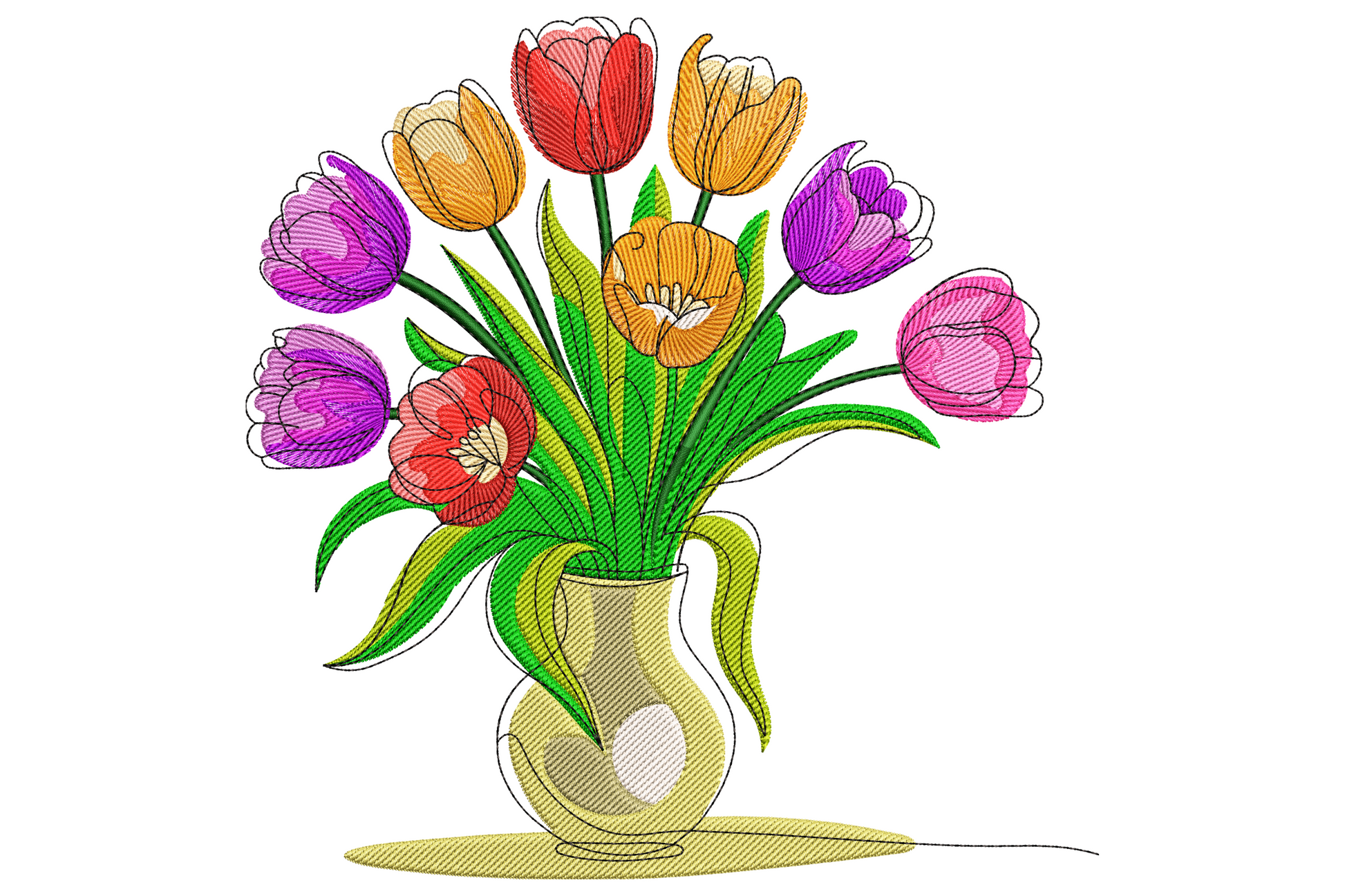 Mixed tulip bouquet of orange, pink, purple and red tulips with green leaves in a small rounded cream vase.