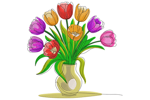 Mixed tulip bouquet of orange, pink, purple and red tulips with green leaves in a small rounded cream vase.