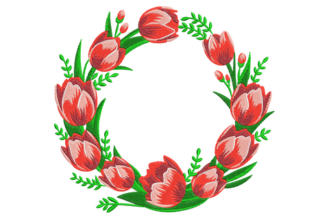 Tulip flower wreath embroidery design with red and pink blooms, bright green stems and leaf sprigs in a full circle.