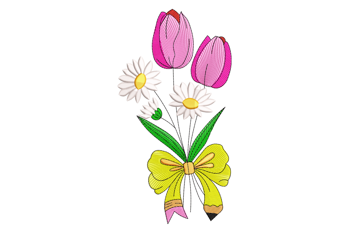 Tulip and daisy pencil bow bouquet embroidery with pink tulips, white daisies, yellow ribbon bow tied around graphite pencil stem.