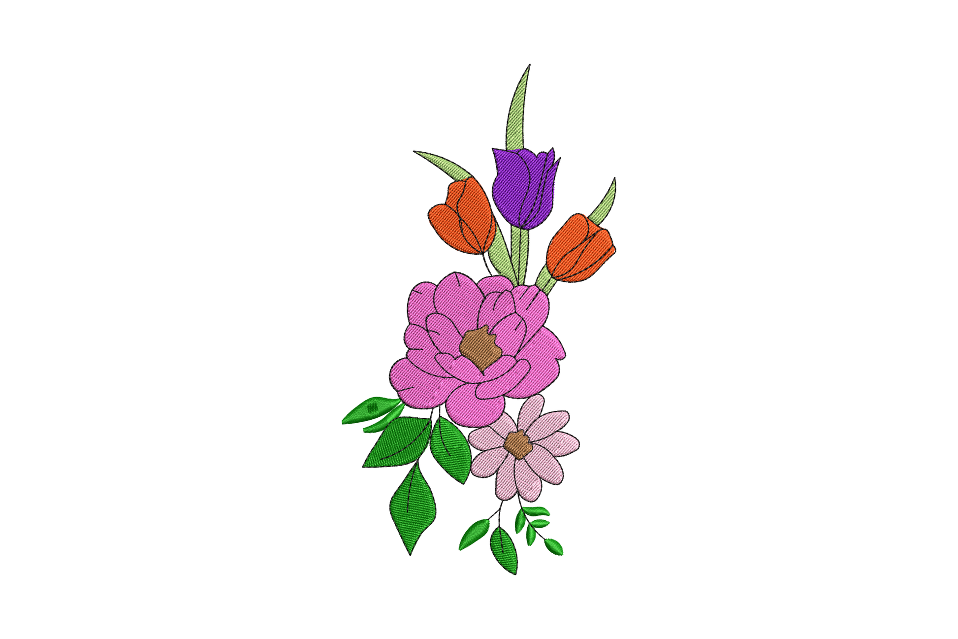 Vertical floral embroidery design with hot pink peony, coral tulip, orange bud and dark green leaves on white fabric.
